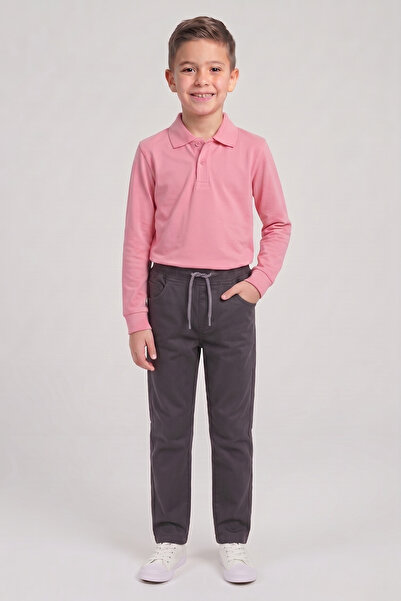 nacar çarşı Boys' Pink Long Sleeve Polo Collar T-Shirt Smoked Ribbed Waist Ca...