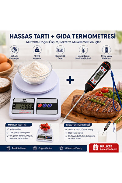 ARVALE Dijital Hassas Mutfak Tartısı + Dijital Gıda Termometresi 2'li Set 10 ...