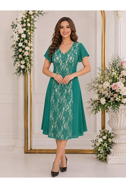OEM Rochie verde de ocazie, masura mare, cu insertie de dantela