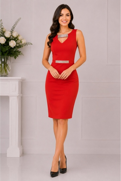 OEM Rochie de culoare rosie decorata cu detalii de strasuri argintii