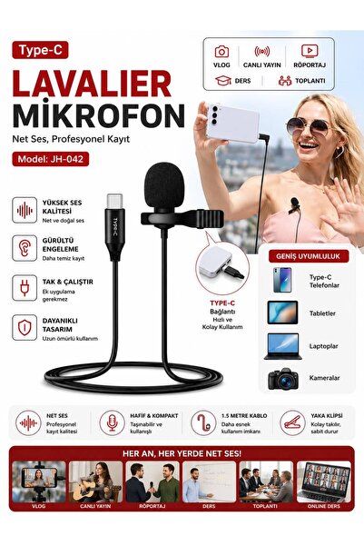 GALİO DELUXE Type-C Kablolu Yaka Mikrofonu Lavalier Mikrofon JH-042 Telefon T...