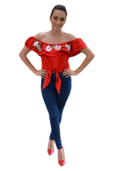 OEM Bluza rosie cu talie scurta, decolteu pe umeri si broderie florala