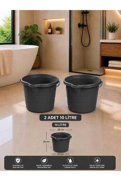zemihra Kapaksız Su Kovası 10 Litre Antrasit Temizlik Kovası 2'li Set Kapaksı...