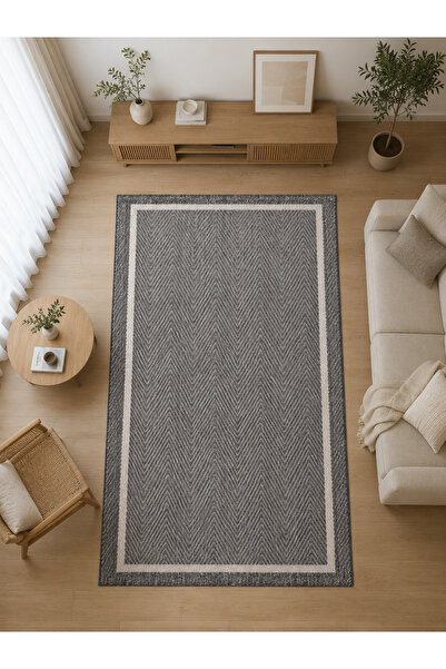 Craft Halı Krem/Gri Sisal Kolay Temizlenen Mikanede Yıkanabilir Bordürlü Halı
