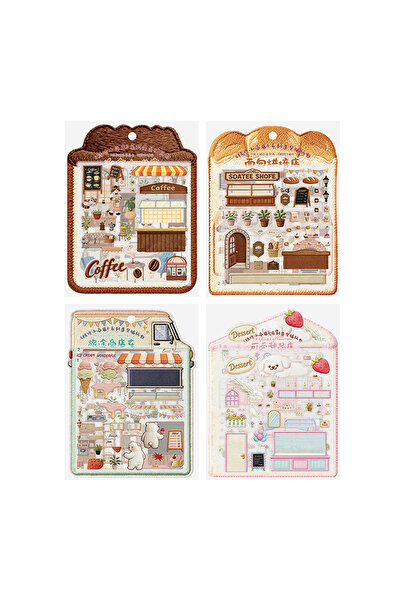 Choice3 4 عبوات من ملصقات GO 3pcs Tiny Treasure Shop بتصميمات قهوة وخبز وطبيع...