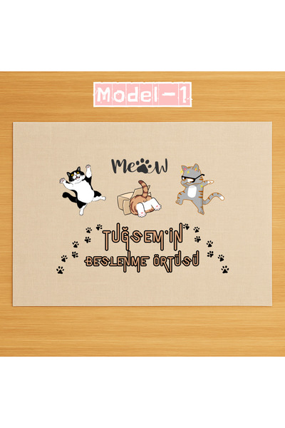 Kişiye Özel Baskılı Kedi Temalı Keten Beslenme Örtüsü – 28x40 cm – Çocuklara Özel İsimli Tasarımlar