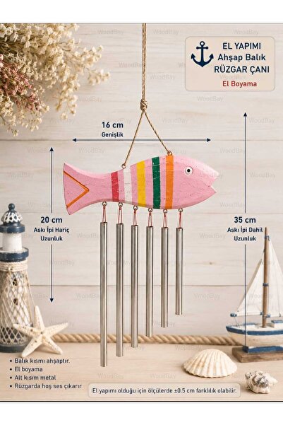 WoodBay El Yapımı Ahşap Balık Rüzgar Çanı 35 cm – Metal Çanlı Dekoratif Balko...