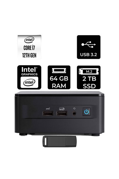 ASUS NUC 12 Pro Tall Intel Core i7-1260P 64GB RAM 2TB SSD FreeDOS RNUC12WSHI700002IP334 Mini Masaüstü Bilgisayar + PER4 USB BELLEK