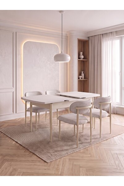 Concept Ayz Home Bella Serisi 4 Kişilik Krem Kumaş 80*130 Beyaz Masa Sandalye...