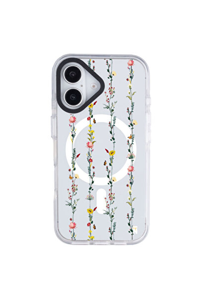 Casen iPhone 16 Yanları Beyaz Magsafe Arty Şeffaf Floral Stripes Tasarımlı Pr...