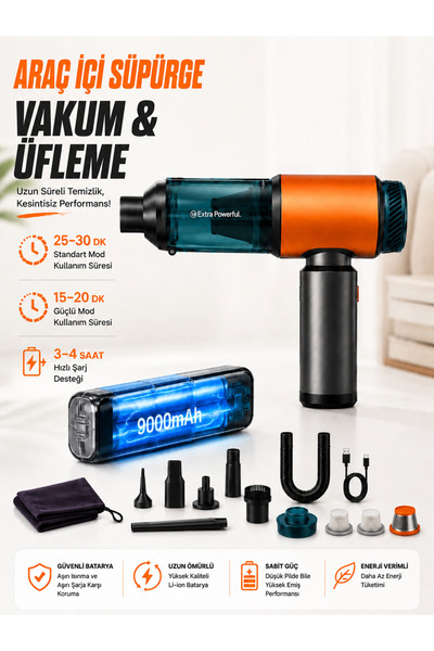 DEANB 22000Pa Güçlü Araç İçi Süpürge 9000mAh Şarjlı 2 HEPA 1 Metal Filtreli O...