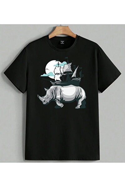 ELFERA Μπλουζάκι με στάμπα Rhinoceros Fantasy, Unisex, Oversize, Μαύρο