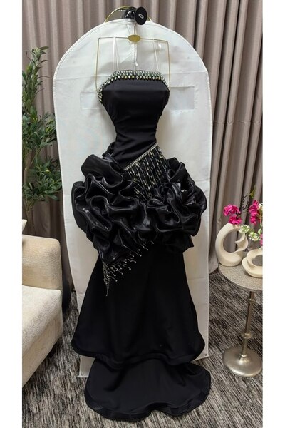 FASHION فستان سهرة أسود ملكي بتصميم ورود ثلاثية الأبعاد على الخصر وياقة مرصعة...