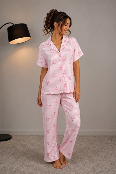 NEEWSTORE Pink Soft Bow Patterned Summer Pajama Set