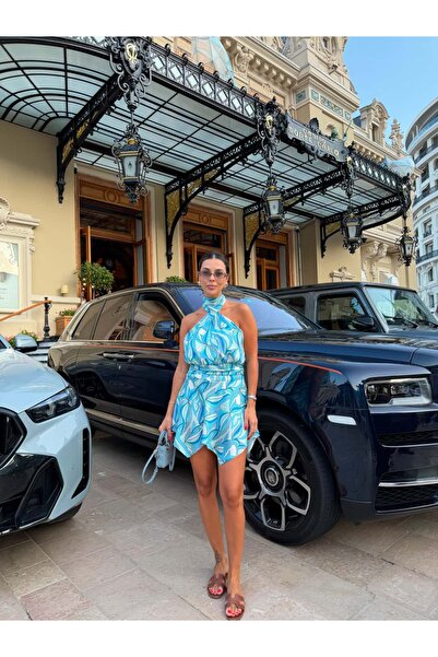 sinem kıvanç MAVİ DESENLİ HALTER YAKA ELBİSE