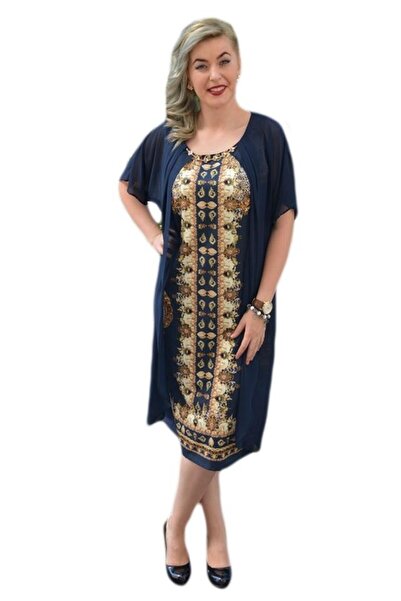 OEM Rochie rafinata de zi, bleumarin cu imprimeu oriental in fata