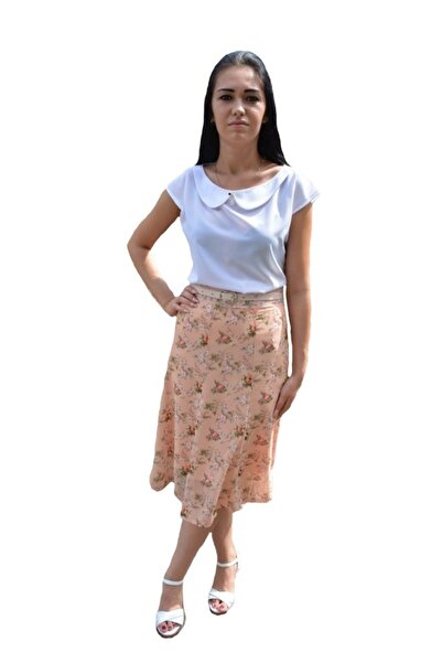 OEM Fuste lejere, midi, nuanta de piersica, cu imprimeu floral multicolor