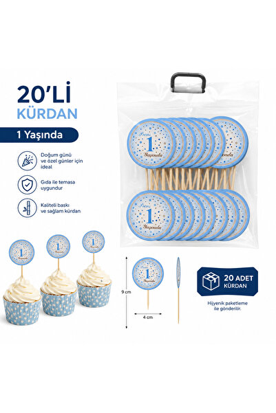 Parti dolabı Prens 1 Yaşında Kürdan Süs 20'li Mavi Cupcake Pasta İkramlık Doğ...