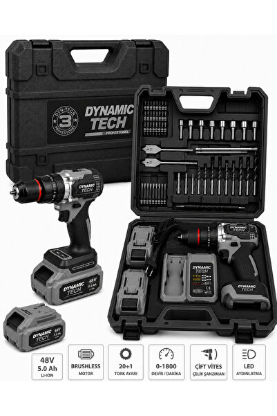 DynamicTech Profesyonel 48V 5.0Ah Kömürsüz Akülü Darbeli Matkap 2 Akü Şarj Cihazı ve Çantalı Set