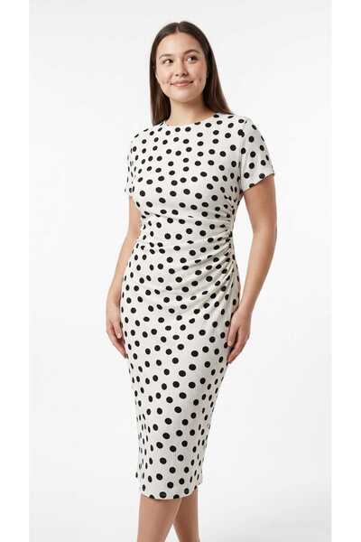 BLUSS Women's Polka Dot Draped Midi Dress with Ruffle Detail, Crew Neck, Wrin...