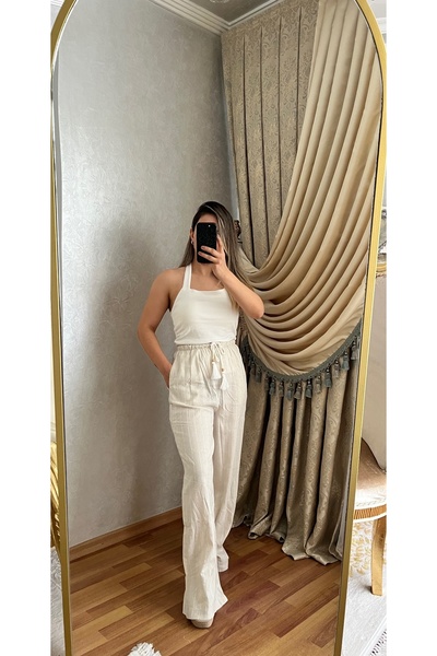 KETEN PANTOLON PUL DETAYLI GENİŞ PAÇA BELİ LASTİKLİ