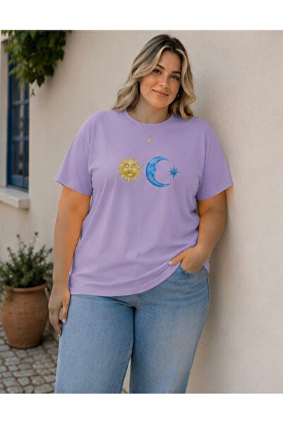 3S MODA اسمك هو تي شيرت Big Size Basic Moon - Sun مطبوع رقميًا