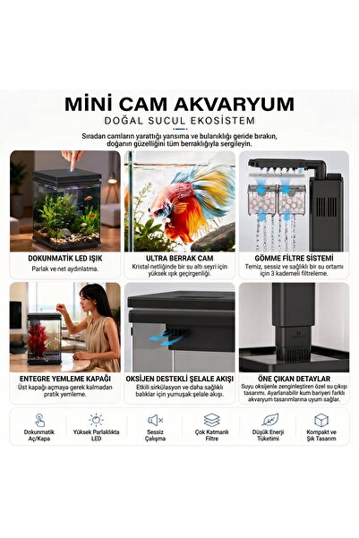 SunSun ATF-200 10 Litre LED Cam Akvaryum SİYAH