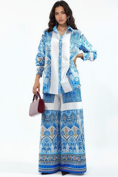 Hiccup Msn Geometric Patterned Shirt and Wide Leg Pants Set