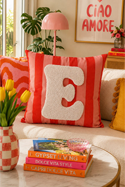 Pilloveland Punch Embroidered Cushion Cover - 43*43 cm - Orange Letter E - Pn...
