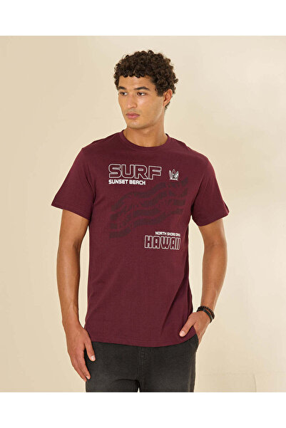 REDTAG Men Burgundy Graphic T-Shirt