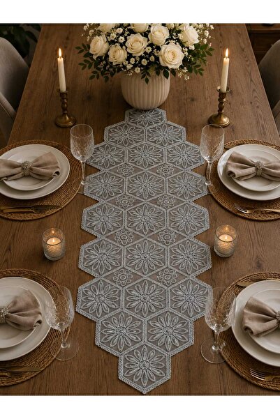 Lena Maison Çark Silver Lace Runner/Table-Console Cover