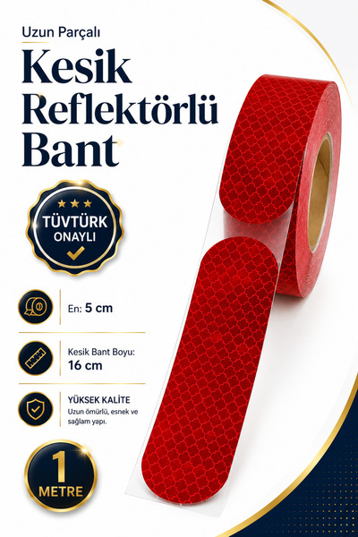Badem10 (1 Metre) 5 Cm Tüvtürk Onaylı Reflektörlü Bant Kırmızı Kesikli Reflek...