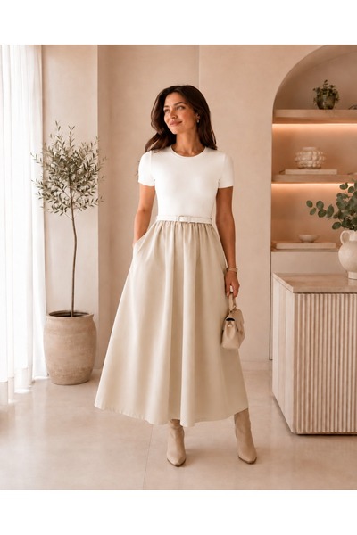 unika boutique Kadın Kemerli Poplin Midi Elbise