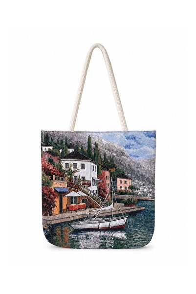 Köşedeki Dükkan Women's Landscape Patterned Woven Shoulder Bag Daily Tote Bag