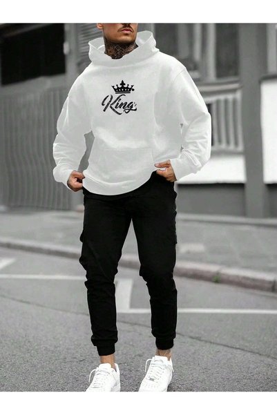 WESTİMO Men's White King Printed Hooded 3 Thread Sweat Jogger Set