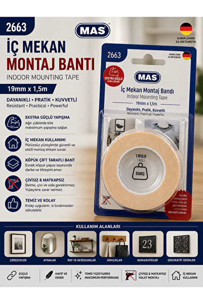Mas Çift Taraflı İç Mekan Köpük Bant 19MM*1,5Metre