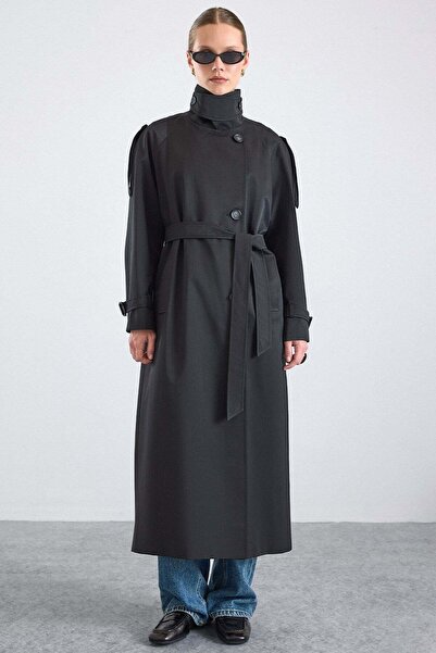 Olcay Water Repellent Trench Coat with Stand Collar, Patch and Epaulet Detail...