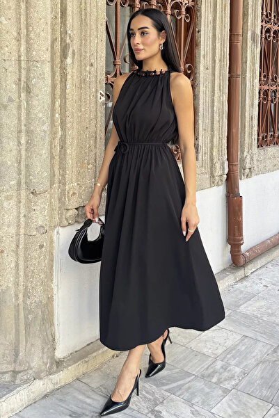 Aryena Black Women's Dress with Beaded Collar and Elastic Waist