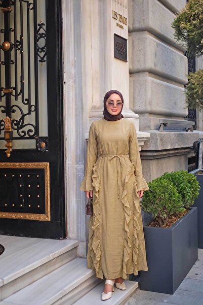 LOCCO فستان نسائي من التول بتصميم مكشكش من الجانبين باللون الأخضر الزيتي
