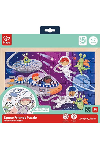Hape Puzzle din lemn 2 in 1 - Prietenii din Spatiu (50 piese), cu fata dubla ...
