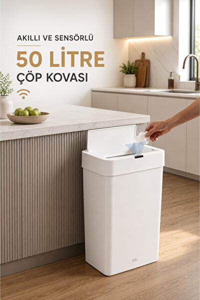 clasavm 50 Litre Büyük Boy Beyaz Sensörlü Çöp Kovası | Mutfak-Banyo Sessiz Ka...