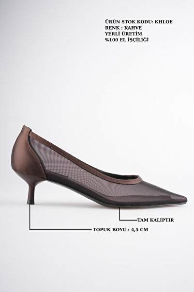 vitaeny Khloe Women's Brown Tulle Detailed Pointed Toe Short Heeled Stiletto