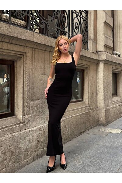 Moda ferfa Kadın Askılı Kare Yaka Bodycon Midi Elbise Esnek Kumaş Yazlık Elbise