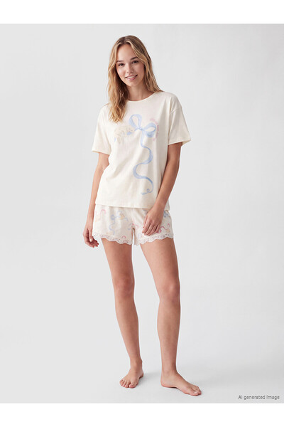 LC Waikiki Lcw Dream Ecru Printed Women's Shorts Pajama Set