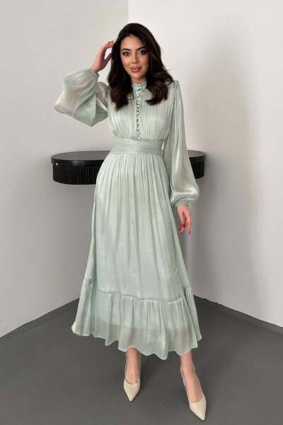 Clothes Fast Women's Mint Hakim Collar Buttoned Waist Gathered Balloon Sleeve...