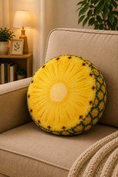 Modena Ananas Dilimi Meyve Desenli Dekoratif Yuvarlak Kırlent Yastık 40 cm Do...
