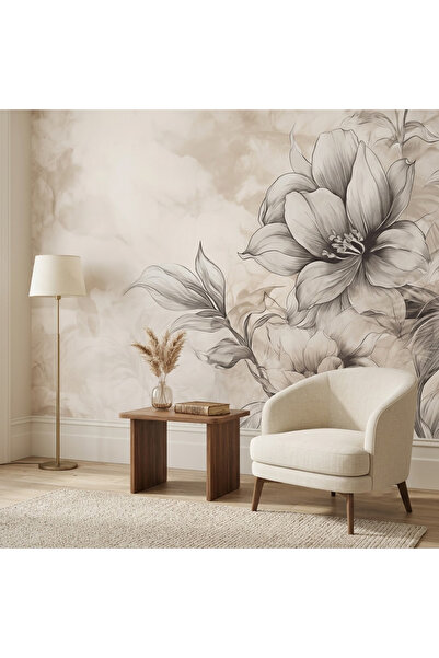 DecorDrive Krem Zemin Üzerinde Devasa Kara Kalem Gül Çizimi Duvar Kağıdı