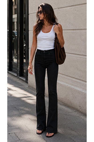 soBasic Pantaloni de damă din denim elastic, cu talie înaltă, evazați