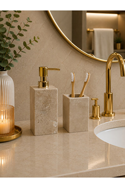 Genel Markalar Doğal Traverten Çeşme Sersi Banyo Aksesuar Seti - Gold Başlık