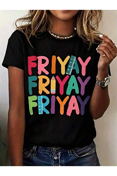 9TAY تي شيرت نسائي مطبوع عليه Happy Friday Teacher Mom Life، قميص كاجوال بأكم...